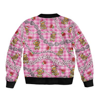 Pink Palaka Hawaii Mele Kalikimaka Sleeve Zip Bomber Jacket Ohia Lehua Shell Leis Funny Gingerbread Santa - Polynesian Pride