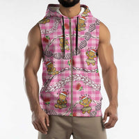 Pink Palaka Hawaii Mele Kalikimaka Sleeveless Zip Hoodie Ohia Lehua Shell Leis Funny Gingerbread Santa - Polynesian Pride
