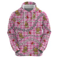 Pink Palaka Hawaii Mele Kalikimaka Zip Hoodie Ohia Lehua Shell Leis Funny Gingerbread Santa - Polynesian Pride