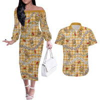 Gold Palaka Hawaii Mele Kalikimaka Couples Matching Off The Shoulder Long Sleeve Dress and Hawaiian Shirt Ohia Lehua Shell Leis Funny Gingerbread Santa LT14 Gold - Polynesian Pride