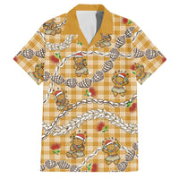 Gold Palaka Hawaii Mele Kalikimaka Family Matching Off The Shoulder Long Sleeve Dress and Hawaiian Shirt Ohia Lehua Shell Leis Funny Gingerbread Santa LT14 Dad's Shirt - Short Sleeve Gold - Polynesian Pride