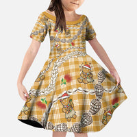 Gold Palaka Hawaii Mele Kalikimaka Family Matching Off Shoulder Short Dress and Hawaiian Shirt Ohia Lehua Shell Leis Funny Gingerbread Santa LT14 Daughter's Dress Gold - Polynesian Pride