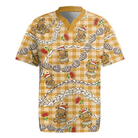 Gold Palaka Hawaii Mele Kalikimaka Rugby Jersey Ohia Lehua Shell Leis Funny Gingerbread Santa - Polynesian Pride