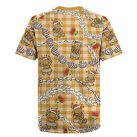 Gold Palaka Hawaii Mele Kalikimaka Rugby Jersey Ohia Lehua Shell Leis Funny Gingerbread Santa - Polynesian Pride