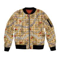 Gold Palaka Hawaii Mele Kalikimaka Sleeve Zip Bomber Jacket Ohia Lehua Shell Leis Funny Gingerbread Santa - Polynesian Pride
