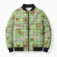 Green Palaka Hawaii Mele Kalikimaka Bomber Puffer Jacket Ohia Lehua Shell Leis Funny Gingerbread Santa - Polynesian Pride