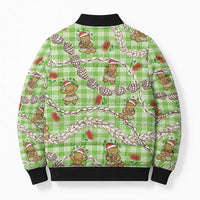 Green Palaka Hawaii Mele Kalikimaka Bomber Puffer Jacket Ohia Lehua Shell Leis Funny Gingerbread Santa - Polynesian Pride