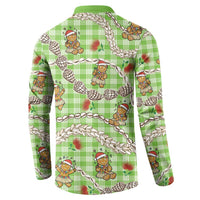 Green Palaka Hawaii Mele Kalikimaka Button Sweatshirt Ohia Lehua Shell Leis Funny Gingerbread Santa - Polynesian Pride