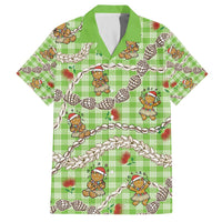 Green Palaka Hawaii Mele Kalikimaka Family Matching Off The Shoulder Long Sleeve Dress and Hawaiian Shirt Ohia Lehua Shell Leis Funny Gingerbread Santa - Polynesian Pride