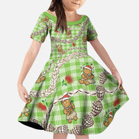 Green Palaka Hawaii Mele Kalikimaka Family Matching Off Shoulder Maxi Dress and Hawaiian Shirt Ohia Lehua Shell Leis Funny Gingerbread Santa LT14 Daughter's Dress Green - Polynesian Pride