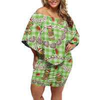Green Palaka Hawaii Mele Kalikimaka Family Matching Off Shoulder Short Dress and Hawaiian Shirt Ohia Lehua Shell Leis Funny Gingerbread Santa - Polynesian Pride