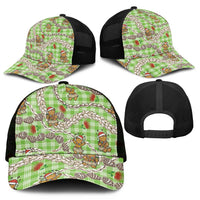 Green Palaka Hawaii Mele Kalikimaka Mesh Trucker Cap Ohia Lehua Shell Leis Funny Gingerbread Santa - Polynesian Pride
