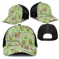 Green Palaka Hawaii Mele Kalikimaka Mesh Trucker Cap Ohia Lehua Shell Leis Funny Gingerbread Santa - Polynesian Pride