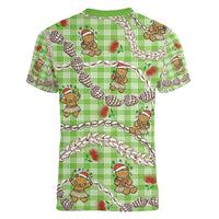 Green Palaka Hawaii Mele Kalikimaka Women V-Neck T-Shirt Ohia Lehua Shell Leis Funny Gingerbread Santa - Polynesian Pride