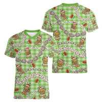 Green Palaka Hawaii Mele Kalikimaka Women V-Neck T-Shirt Ohia Lehua Shell Leis Funny Gingerbread Santa - Polynesian Pride