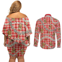 Red Palaka Hawaii Mele Kalikimaka Couples Matching Off Shoulder Short Dress and Long Sleeve Button Shirt Ohia Lehua Shell Leis Funny Gingerbread Santa - Polynesian Pride