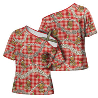 Red Palaka Hawaii Mele Kalikimaka Cross Shoulder Shirt Ohia Lehua Shell Leis Funny Gingerbread Santa - Polynesian Pride