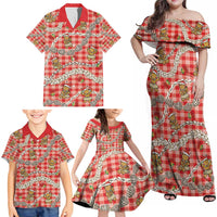 Red Palaka Hawaii Mele Kalikimaka Family Matching Off Shoulder Maxi Dress and Hawaiian Shirt Ohia Lehua Shell Leis Funny Gingerbread Santa - Polynesian Pride