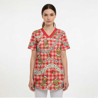 Red Palaka Hawaii Mele Kalikimaka Scrub Top Ohia Lehua Shell Leis Funny Gingerbread Santa - Polynesian Pride