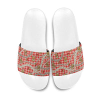 Red Palaka Hawaii Mele Kalikimaka Slide Sandals Ohia Lehua Shell Leis Funny Gingerbread Santa - Polynesian Pride