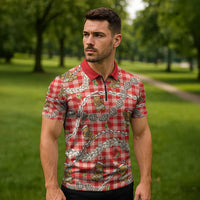 Red Palaka Hawaii Mele Kalikimaka Zipper Polo Shirt Ohia Lehua Shell Leis Funny Gingerbread Santa - Polynesian Pride