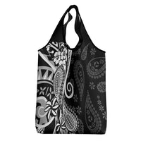 Black Polynesia Paisley Grocery Bag Polynesian With Tropical Flowers