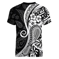 Black Polynesia Paisley Women V Neck T Shirt Polynesian With Tropical Flowers LT14 - Polynesian Pride