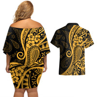 Gold Polynesia Paisley Couples Matching Off Shoulder Short Dress and Hawaiian Shirt Polynesian With Tropical Flowers LT14 - Polynesian Pride