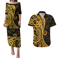 Gold Polynesia Paisley Couples Matching Puletasi Dress and Hawaiian Shirt Polynesian With Tropical Flowers LT14 Gold - Polynesian Pride
