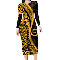 Gold Polynesia Paisley Family Matching Long Sleeve Bodycon Dress and Hawaiian Shirt Polynesian With Tropical Flowers LT14 Mom's Dress Gold - Polynesian Pride