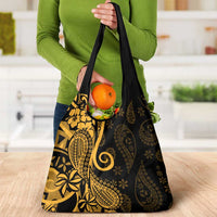 Gold Polynesia Paisley Grocery Bag Polynesian With Tropical Flowers