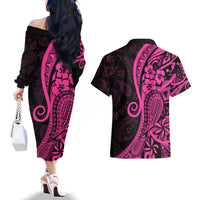 Pink Polynesia Paisley Couples Matching Off The Shoulder Long Sleeve Dress and Hawaiian Shirt Polynesian With Tropical Flowers LT14 - Polynesian Pride