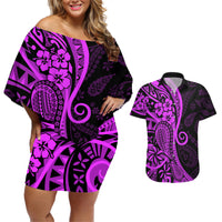 Polynesia Paisley Couples Matching Off Shoulder Short Dress and Hawaiian Shirt Polynesian With Tropical Flowers - Purple LT14 Purple - Polynesian Pride