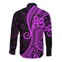Polynesia Paisley Long Sleeve Button Shirt Polynesian With Tropical Flowers - Purple LT14 - Polynesian Pride