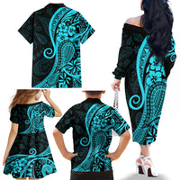 Polynesia Paisley Family Matching Off Shoulder Long Sleeve Dress and Hawaiian Shirt Polynesian With Tropical Flowers - Turquoise LT14 - Polynesian Pride