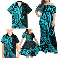 Polynesia Paisley Family Matching Off Shoulder Maxi Dress and Hawaiian Shirt Polynesian With Tropical Flowers - Turquoise LT14 - Polynesian Pride