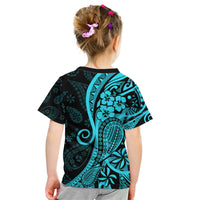 Polynesia Paisley Kid T Shirt Polynesian With Tropical Flowers - Turquoise LT14 - Polynesian Pride