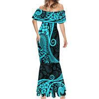 Polynesia Paisley Mermaid Dress Polynesian With Tropical Flowers - Turquoise LT14 - Polynesian Pride