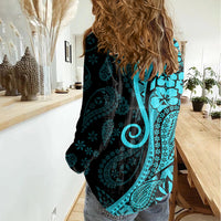 Polynesia Paisley Women Casual Shirt Polynesian With Tropical Flowers - Turquoise LT14 - Polynesian Pride