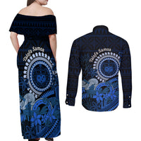 Talofa Samoa Couples Matching Off Shoulder Maxi Dress and Long Sleeve Button Shirt Samoan Kava Bowl Siapo Pattern - Blue LT14 - Polynesian Pride