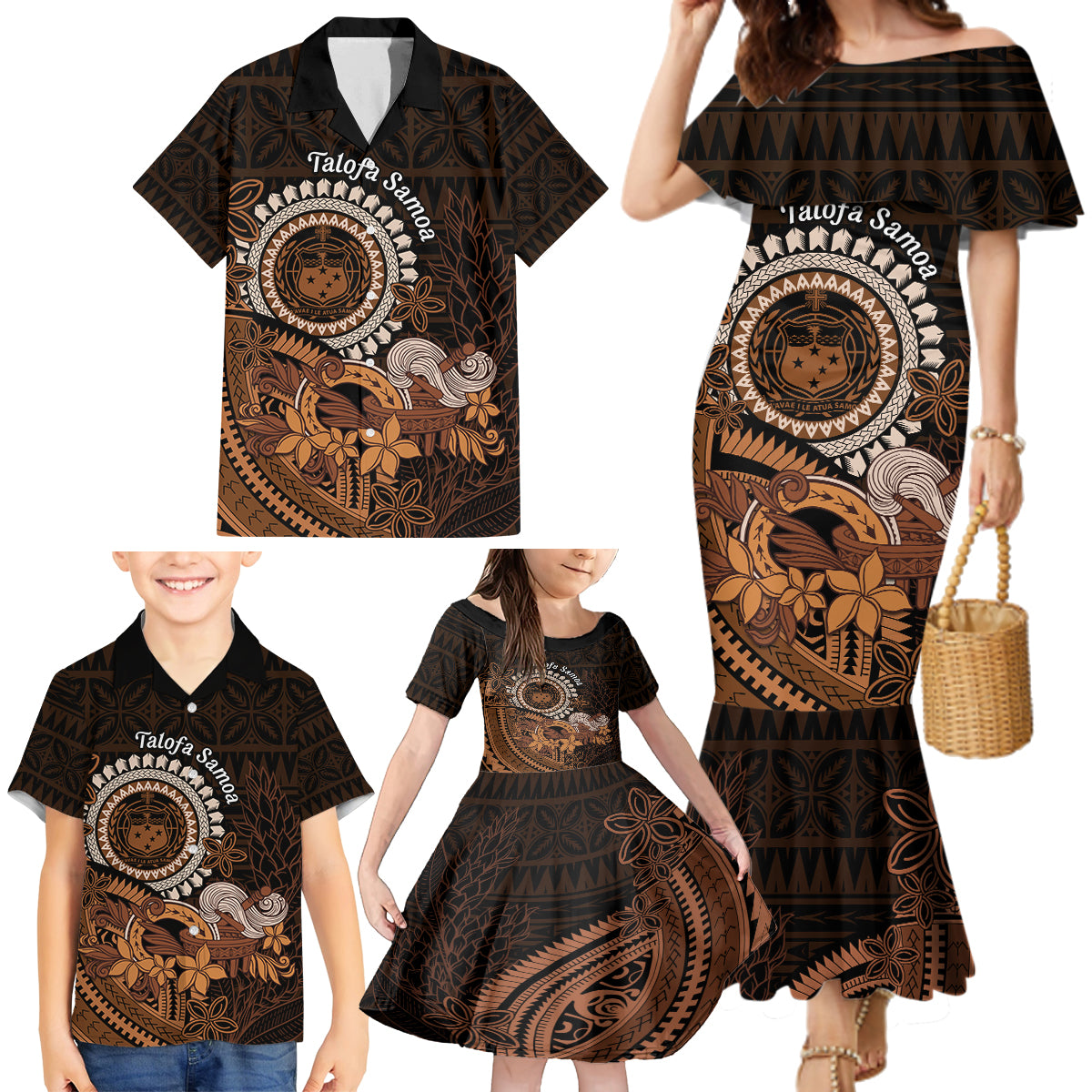 Talofa Samoa Family Matching Mermaid Dress and Hawaiian Shirt Samoan Kava Bowl Siapo Pattern - Brown LT14 - Polynesian Pride