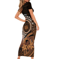 Talofa Samoa Short Sleeve Bodycon Dress Samoan Kava Bowl Siapo Pattern - Brown LT14 - Polynesian Pride