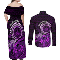 Purple Talofa Samoa Couples Matching Off Shoulder Maxi Dress and Long Sleeve Button Shirt Samoan Kava Bowl Siapo Pattern LT14 - Polynesian Pride
