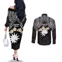 Ekamowir Omo Nauru Couples Matching Off The Shoulder Long Sleeve Dress and Long Sleeve Button Shirt Naoero Twelve-pointed Star Polynesian Tattoo
