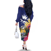 Nauru Independence Day Family Matching Off The Shoulder Long Sleeve Dress and Hawaiian Shirt Coat Of Arms With Tropical Flowers