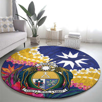 Nauru Independence Day Round Carpet Coat Of Arms With Tropical Flowers