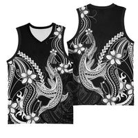 Black Aloha Hawaii Basketball Jersey Polynesian Shark Tattoo With Plumeria - Polynesian Pride