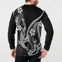 Black Aloha Hawaii Button Sweatshirt Polynesian Shark Tattoo With Plumeria - Polynesian Pride