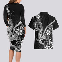 Black Aloha Hawaii Couples Matching Long Sleeve Bodycon Dress and Hawaiian Shirt Polynesian Shark Tattoo With Plumeria - Polynesian Pride