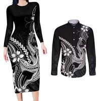 Black Aloha Hawaii Couples Matching Long Sleeve Bodycon Dress and Long Sleeve Button Shirt Polynesian Shark Tattoo With Plumeria - Polynesian Pride